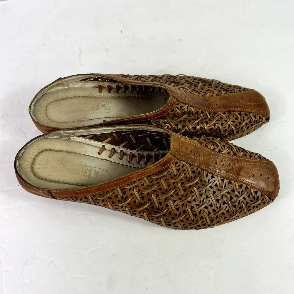 Pikolinos Shoes Womens 8 Mules Romana Brown Weave Leather Laser Cut